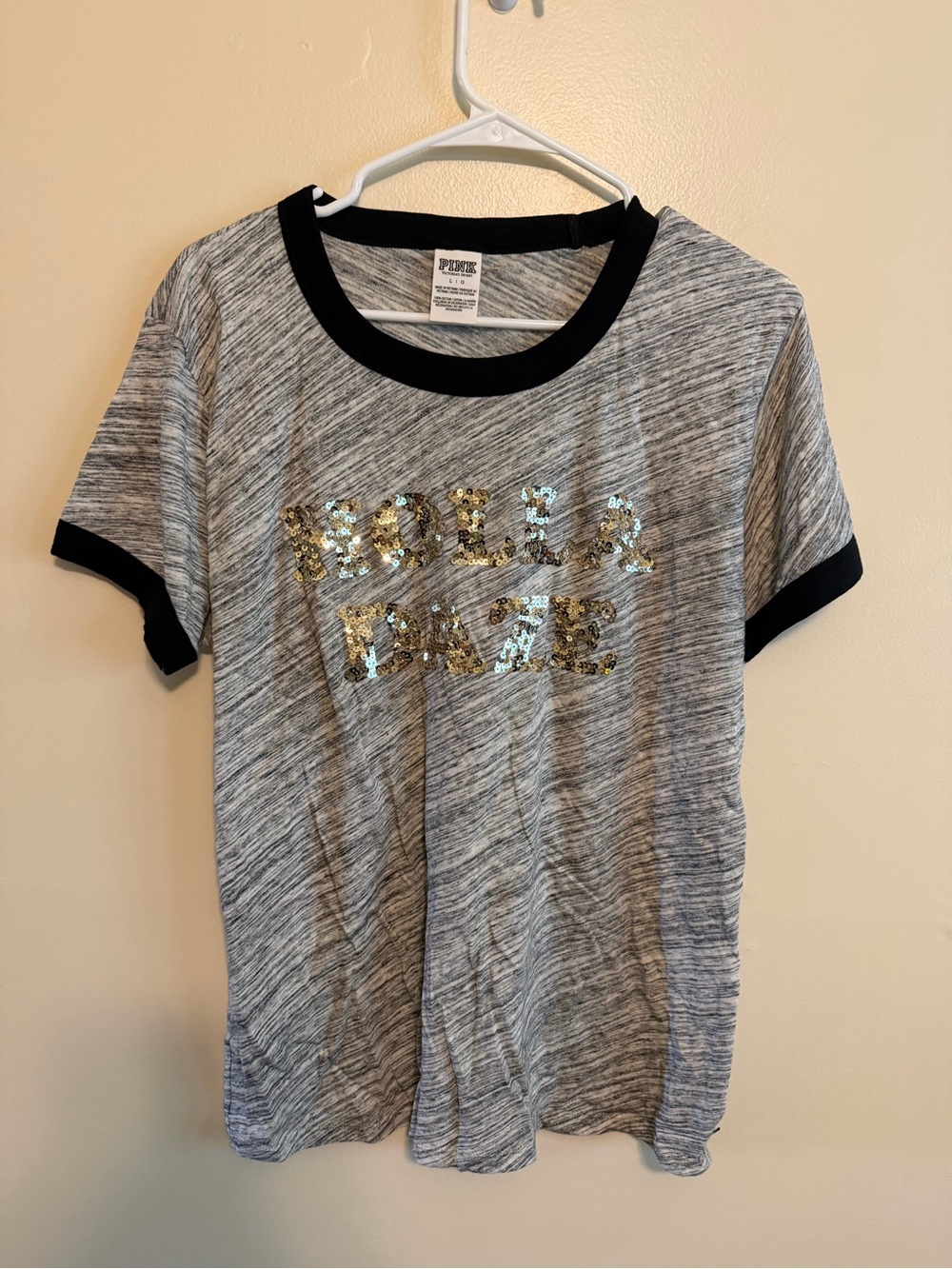 PINK Victoria's Secret Heather Gray Ringer Tee with Gold Sequin Text